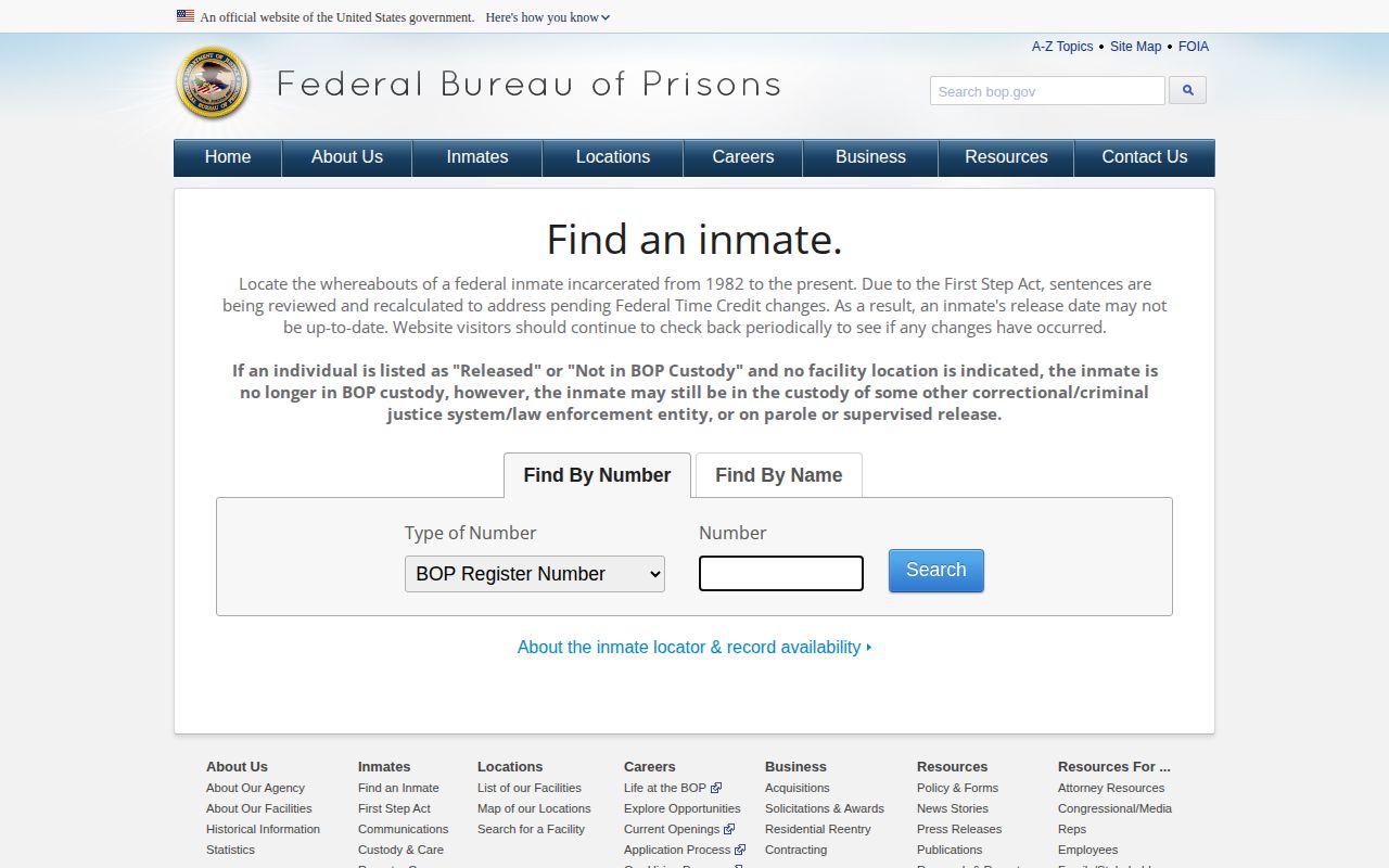 Federal BOP locator for a released inmate connected to New Jersey