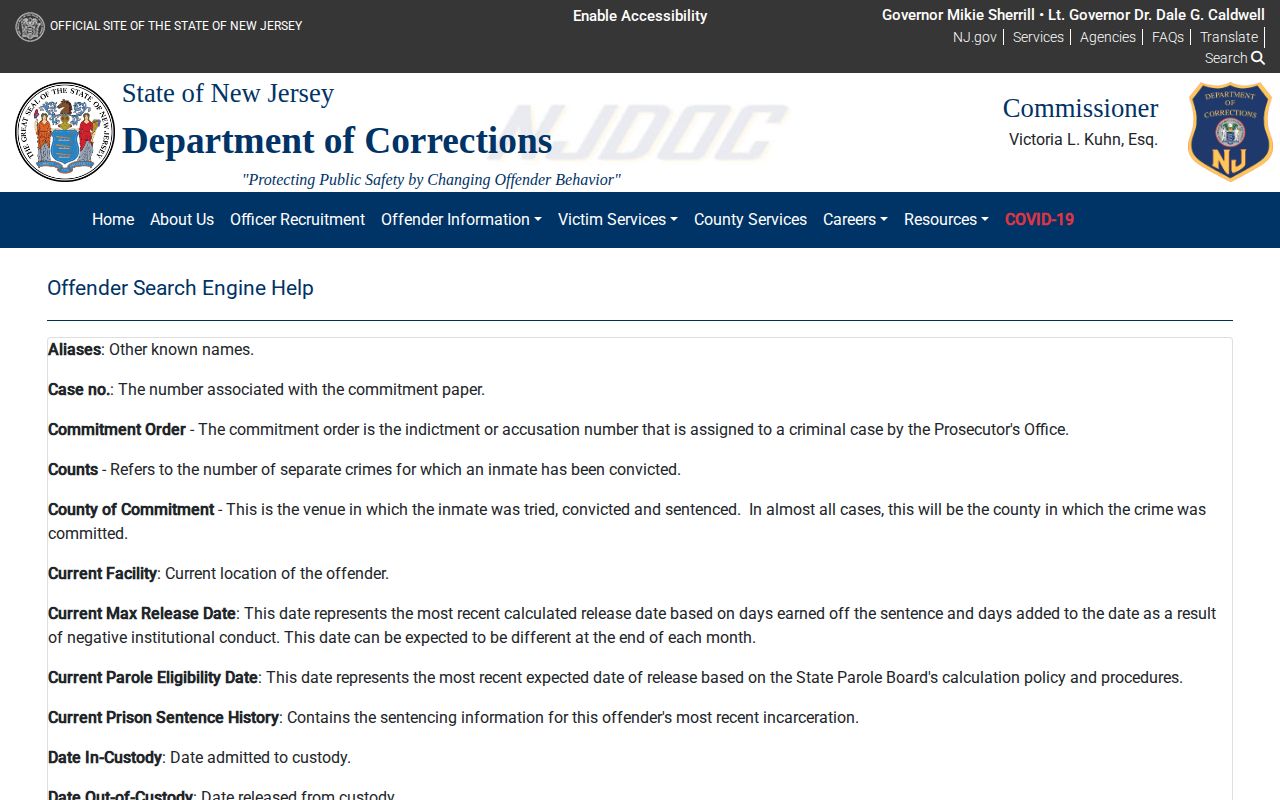 NJDOC definitions for New Jersey release and custody dates