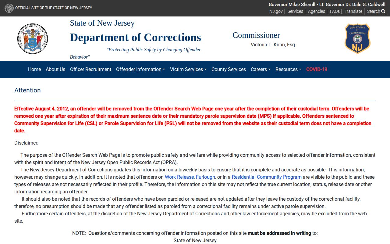 NJDOC offender search for New Jersey released inmates