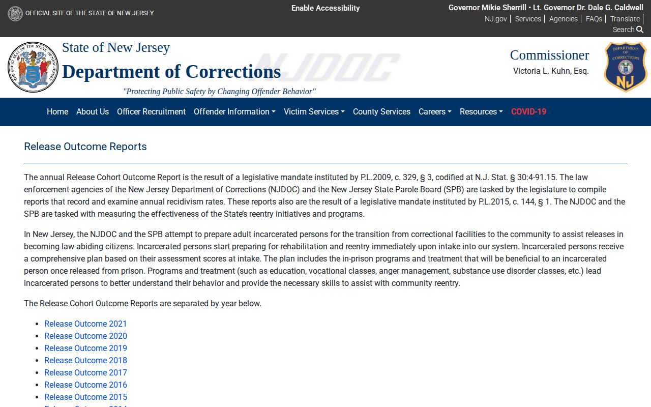 NJDOC statewide release outcome reports for New Jersey