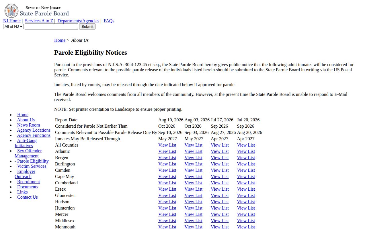 New Jersey parole eligibility notice calendar for possible releases